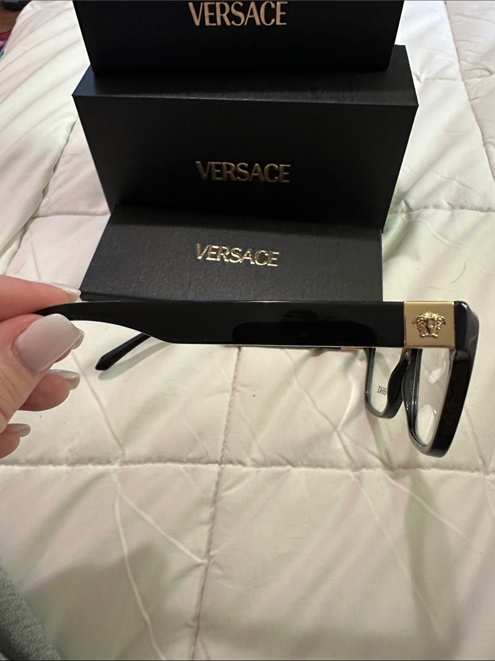 Brand new, never worn. Versace Black Rectangular RX Glasses with Gold Accent - Picture 3 of 6